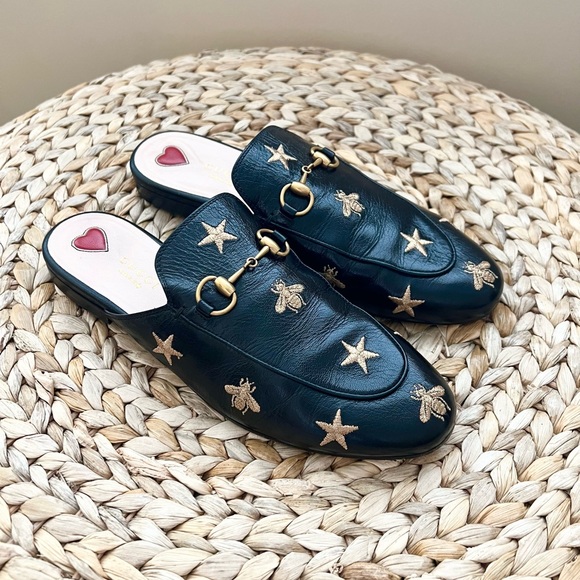 Gucci Shoes - GUCCI black genuine leather Princetown Bee loafers mules slip on shoes